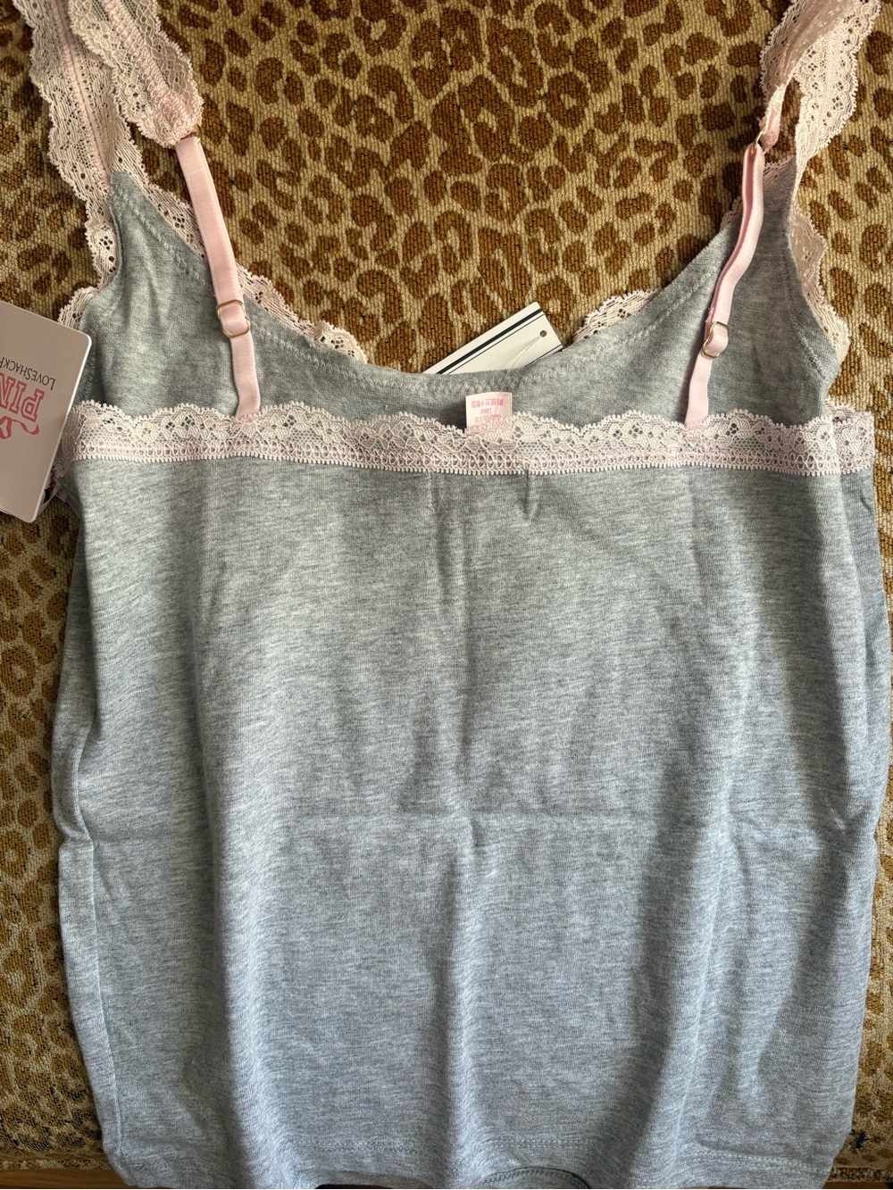 PINK Loveshack Fancy Gray Tank with Pink Bow and Lace Trim - Picture 5 of 6